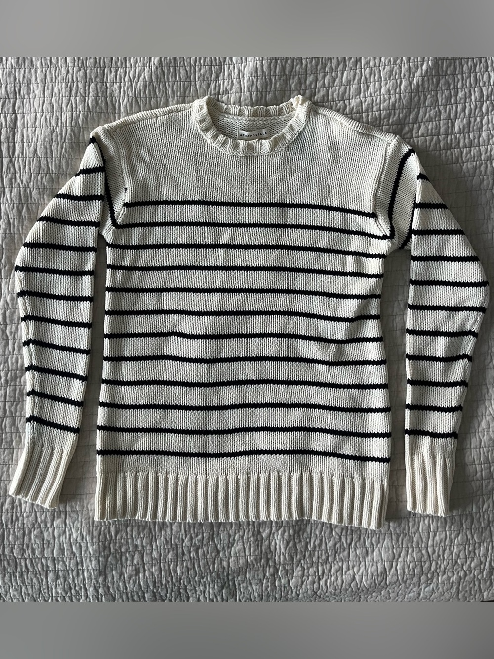 Aeropostale White Crewneck Sweater with Black Stripes